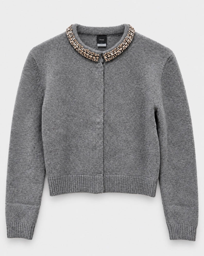 Pinko Grey Cardigan sweater with jeweled collar at edit. BY ELAINE TURNER in Houston, TX