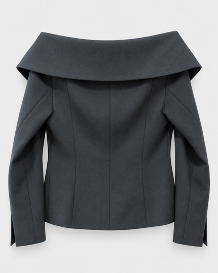 PINKO from Italy.. New Biancale Crepe Jacket in Black available at edit. BY ELAINE TURNER luxury boutique in Houston Texas. Back of jacket.. Off the shoulder style.