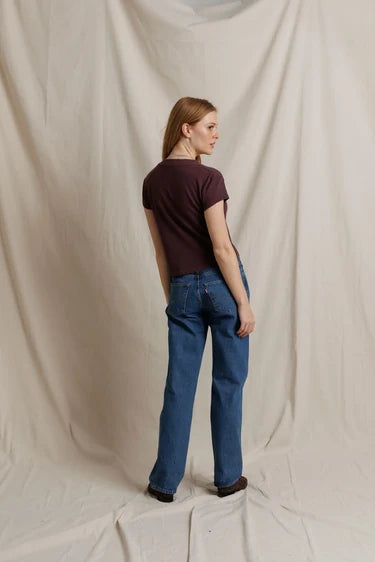 Perfect White Tee- Alanis - Cherry Lacquer. Available at Edit by Elaine Turner in Houston, TX. Full model back View. 