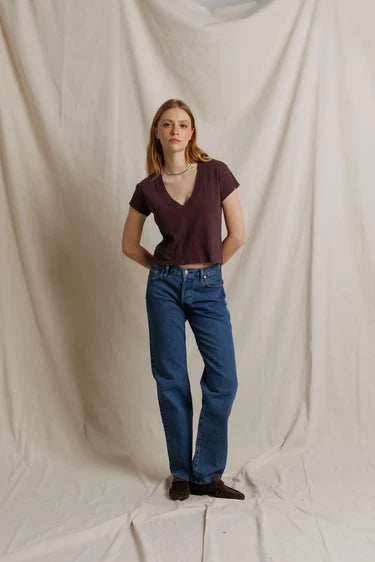 Perfect White Tee- Alanis - Cherry Lacquer. Available at Edit by Elaine Turner in Houston, TX. Full model front View. 