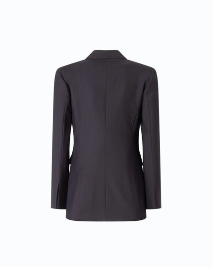 A dep navy blue tailored blazer shown from the back, featuring a structured collar, long sleeves, and a central seam, set against a plain white background.

Pinko- New Amalfi Giacca Lana Deep Navy Blue Double Breasted Jacket. Available at Edit by Elaine Turner in Houston, TX. Back View 