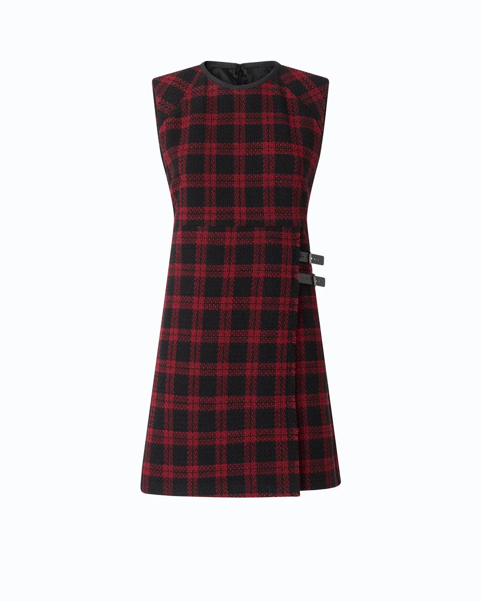 A sleeveless red and black plaid dress with a black collar and side buttons, shown against a plain white background.

Pinko Amaranda Abito Tweed dress in black/white. Available at Edit by Elaine Turner in Houston, TX. Front View. 