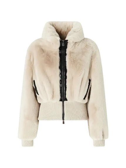 Pinko- Bagels Bomber Aspen Aspetto Rainy Day Beige. Available at Edit by Elaine Turner in Houston, TX. Front View. 