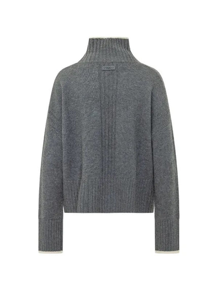 A gray ribbed knit turtleneck sweater shown from the back, featuring a central vertical ribbed panel and ribbed cuffs and hem, displayed on a clean white background.

Pinko- Falkland Maglia Wool and Cashmere Turtleneck Sweater. Available at Edit by Elaine Turner in Houston, TX. Back View. 
