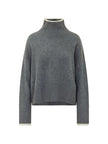 A dark gray ribbed knit turtleneck sweater with contrasting cream-colored inner collar, cuffs, and hem, displayed on a solid white background.

Pinko- Falkland Maglia Wool and Cashmere Turtleneck Sweater. Available at Edit by Elaine Turner in Houston, TX. Front View. 