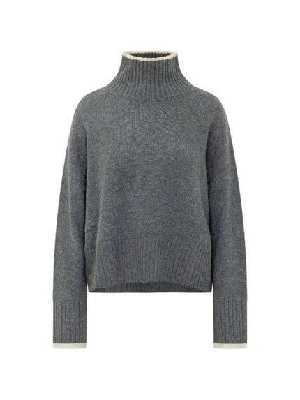 A dark gray ribbed knit turtleneck sweater with contrasting cream-colored inner collar, cuffs, and hem, displayed on a solid white background.

Pinko- Falkland Maglia Wool and Cashmere Turtleneck Sweater. Available at Edit by Elaine Turner in Houston, TX. Front View. 