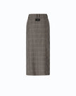 A low-waisted, calf-length plaid skirt in a beige/bordeaux/black check pattern, featuring a structured waistband with a small black rectangular logo plaque at the top center.

Pinko Galega Gonna Misto Lana. Available at Edit by Elaine Turner in Houton, TX. Back View. 