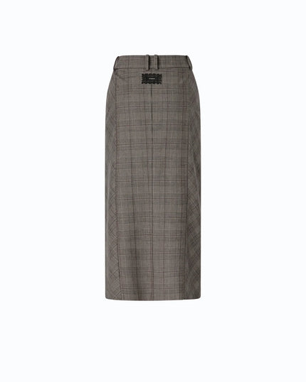 A low-waisted, calf-length plaid skirt in a beige/bordeaux/black check pattern, featuring a structured waistband with a small black rectangular logo plaque at the top center.

Pinko Galega Gonna Misto Lana. Available at Edit by Elaine Turner in Houton, TX. Back View. 