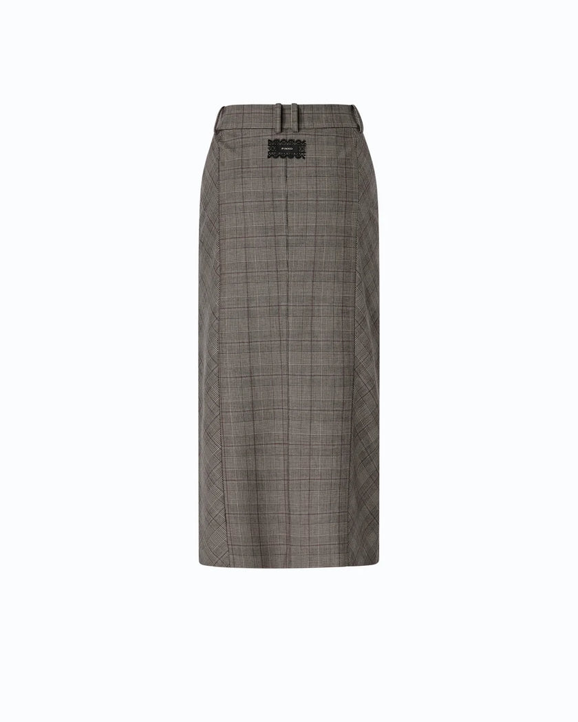 A low-waisted, calf-length plaid skirt in a beige/bordeaux/black check pattern, featuring a structured waistband with a small black rectangular logo plaque at the top center.

Pinko Galega Gonna Misto Lana. Available at Edit by Elaine Turner in Houton, TX. Back View. 