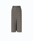 A low-waisted, calf-length beige/bordeaux/black plaid skirt with a front slit, shown on a plain white background.

Pinko Galega Gonna Misto Lana. Available at Edit by Elaine Turner in Houton, TX. Front View. 