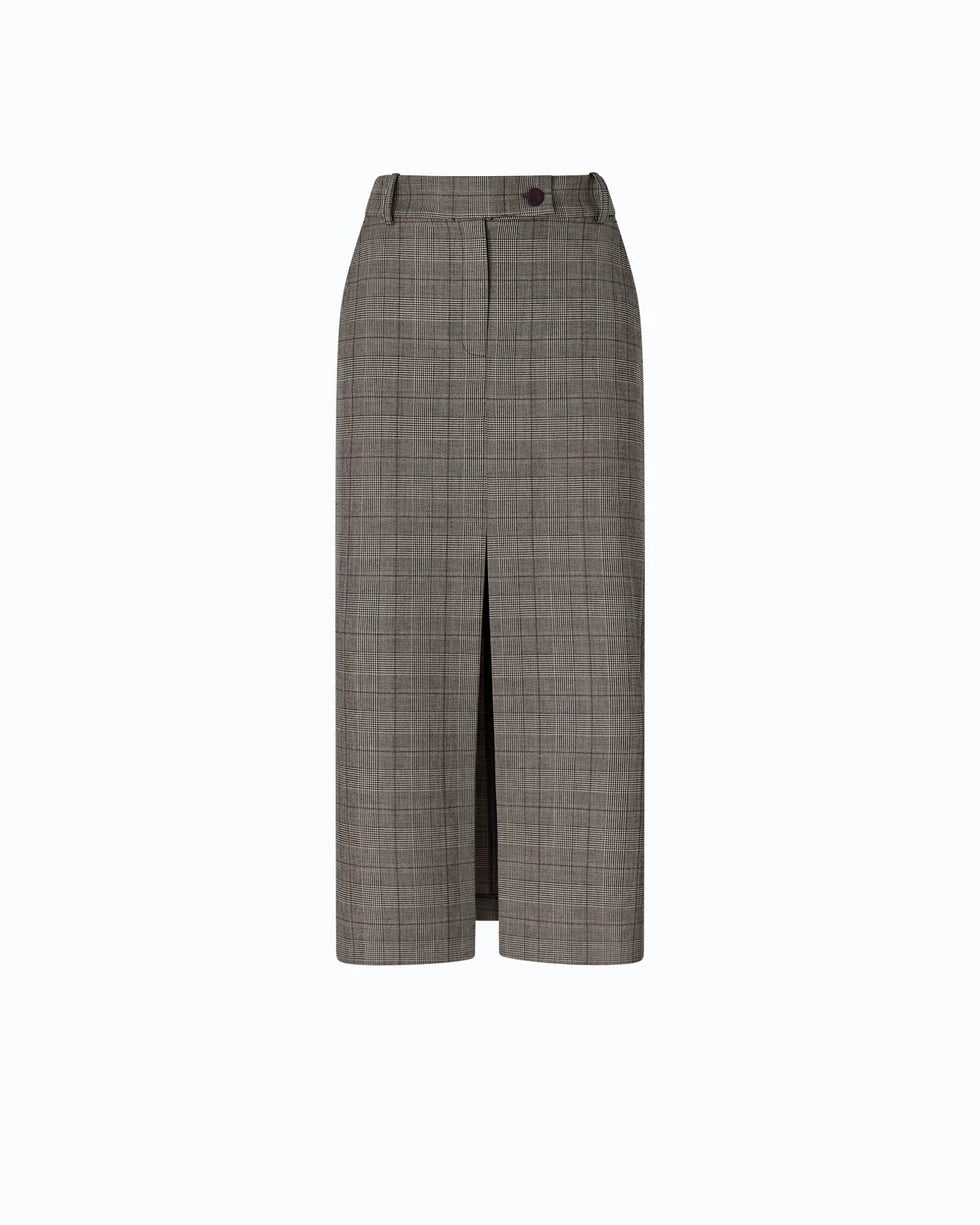 A low-waisted, calf-length beige/bordeaux/black plaid skirt with a front slit, shown on a plain white background.

Pinko Galega Gonna Misto Lana. Available at Edit by Elaine Turner in Houton, TX. Front View. 