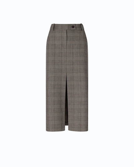A low-waisted, calf-length beige/bordeaux/black plaid skirt with a front slit, shown on a plain white background.

Pinko Galega Gonna Misto Lana. Available at Edit by Elaine Turner in Houton, TX. Front View. 
