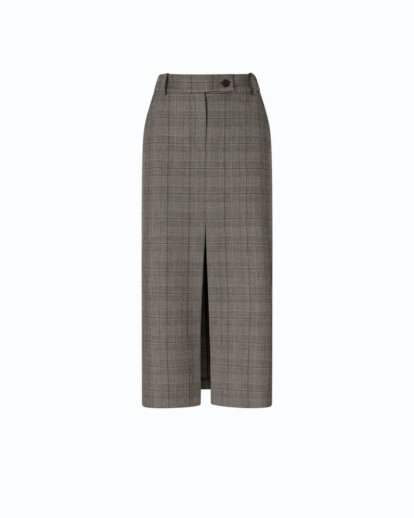 A low-waisted, calf-length beige/bordeaux/black plaid skirt with a front slit, shown on a plain white background.

Pinko Galega Gonna Misto Lana. Available at Edit by Elaine Turner in Houton, TX. Front View. 