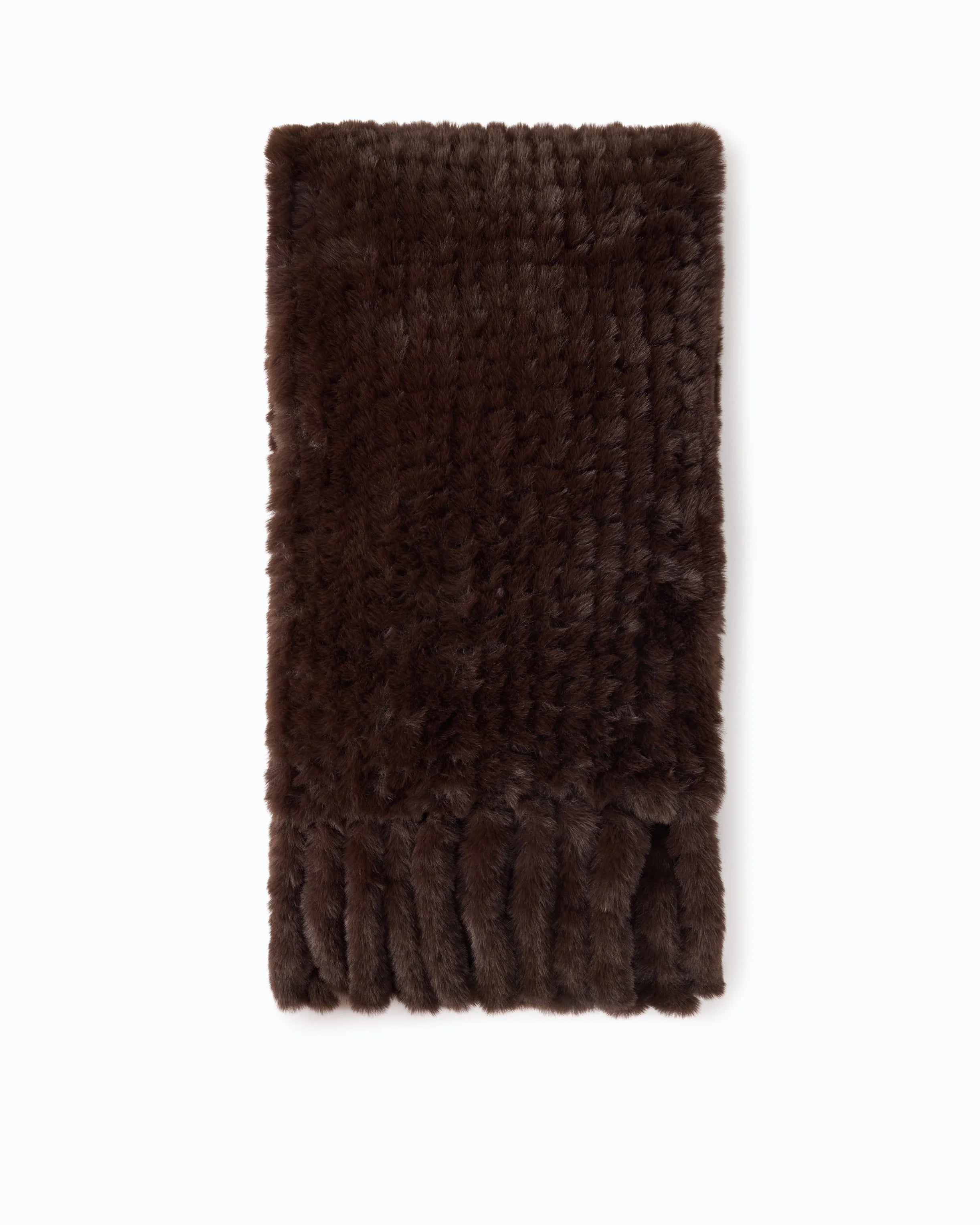 A dark brown textured faux fur scarf with fringed edges, laid flat against a solid white background.

Pinko - Gelso Sciarpa Tricot Aspetto Black Coffee Scarf. Available at Edit by Elaine Turner in Houston, TX. Full front View 