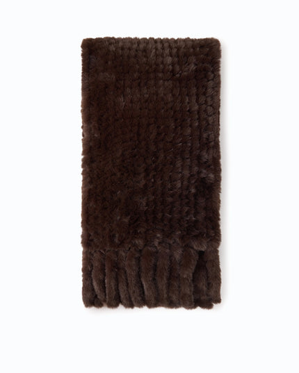 A dark brown textured faux fur scarf with fringed edges, laid flat against a solid white background.

Pinko - Gelso Sciarpa Tricot Aspetto Black Coffee Scarf. Available at Edit by Elaine Turner in Houston, TX. Full front View 