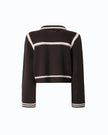 A brown cropped knit cardigan sweater with cream-colored horizontal stripes and ribbed trim, shown from the back on a plain white background.

Pinko New Sulcis Giacca. Available at Edit by Elaine Turner in Houston, TX. Back View. 