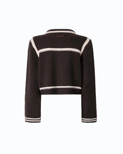 A brown cropped knit cardigan sweater with cream-colored horizontal stripes and ribbed trim, shown from the back on a plain white background.

Pinko New Sulcis Giacca. Available at Edit by Elaine Turner in Houston, TX. Back View. 