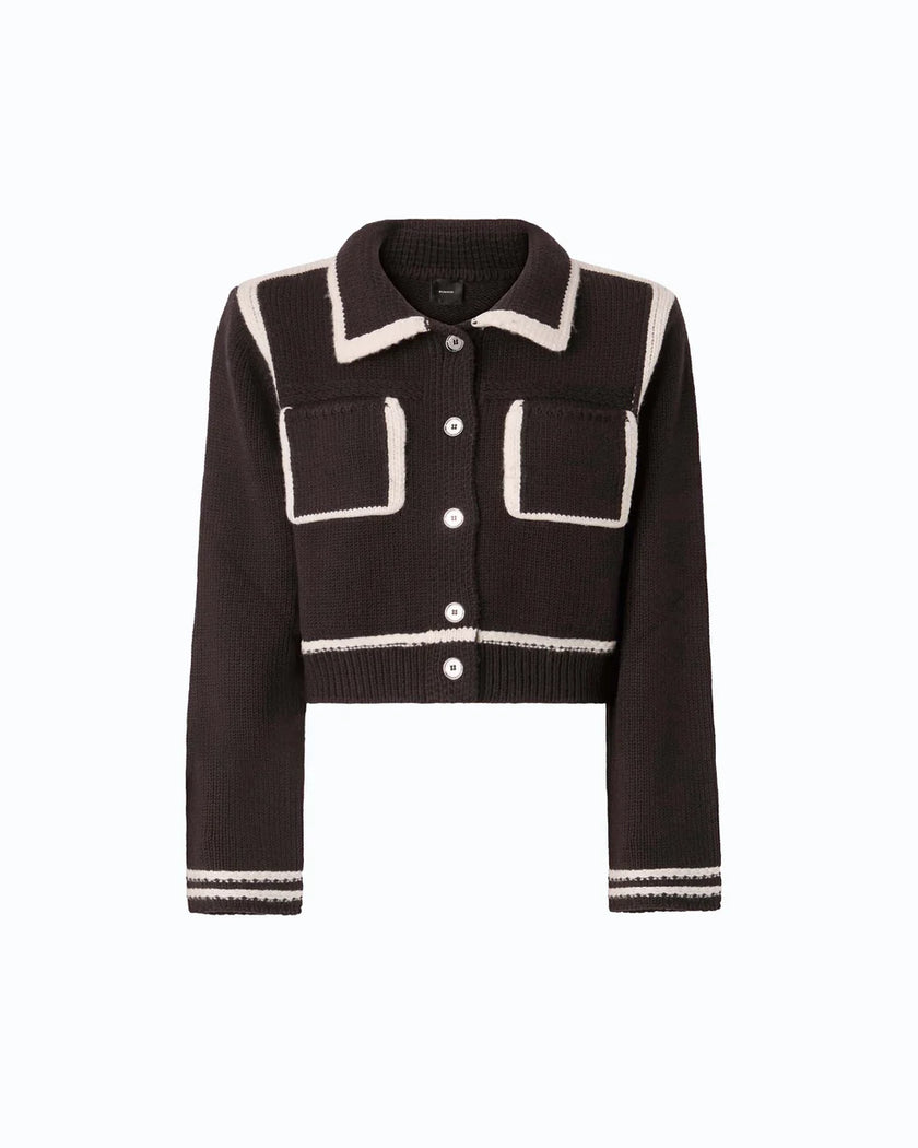 A cropped brown knit cardigan jacket with white-colored contrast piping, double chest pockets, and button-front closure, shown on a plain white background.

Pinko New Sulcis Giacca. Available at Edit by Elaine Turner in Houston, TX. Front View. 