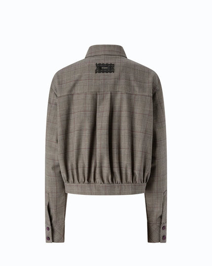A cropped long-sleeve plaid jacket shown from the back, featuring a gathered waist and a black embroidered logo patch on the upper back, set against a plain white background.

Pinko Oncidium Overshirt Misto Lana in beige/bordeaux/black. Available at Edit by Elaine Turner in Houston, TX. Back View. 