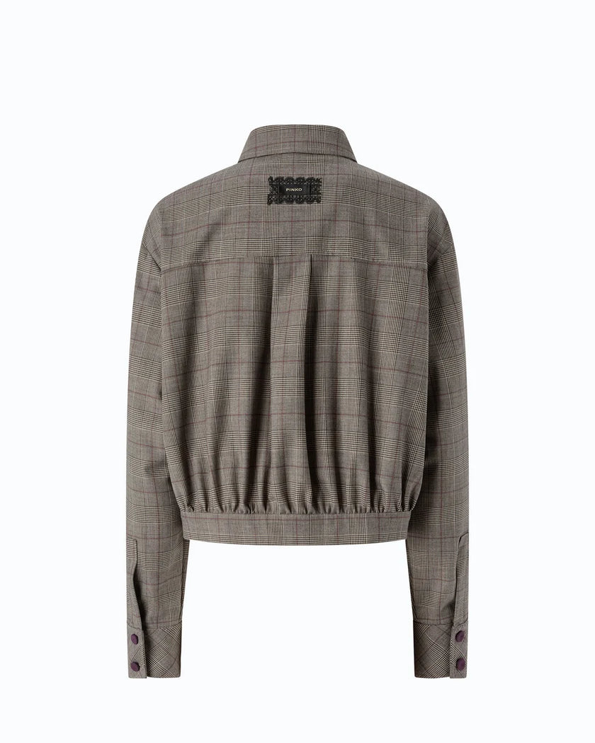 A cropped long-sleeve plaid jacket shown from the back, featuring a gathered waist and a black embroidered logo patch on the upper back, set against a plain white background.

Pinko Oncidium Overshirt Misto Lana in beige/bordeaux/black. Available at Edit by Elaine Turner in Houston, TX. Back View. 