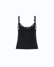 A black lace camisole top with thin straps and a ruffled lace neckline, shown against a plain white background. 
Pinko Tiare Top Jacquard Crinkle Black. Available at Edit by Eaine Turner in Houston, TX. Back View. 
