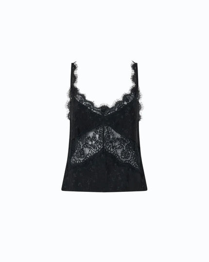 A black lace camisole top with delicate floral lace detailing and ruffled trim, displayed against a solid white background.
Pinko Tiare Top Jacquard Crinkle Black. Available at Edit by Eaine Turner in Houston, TX. Front View. 