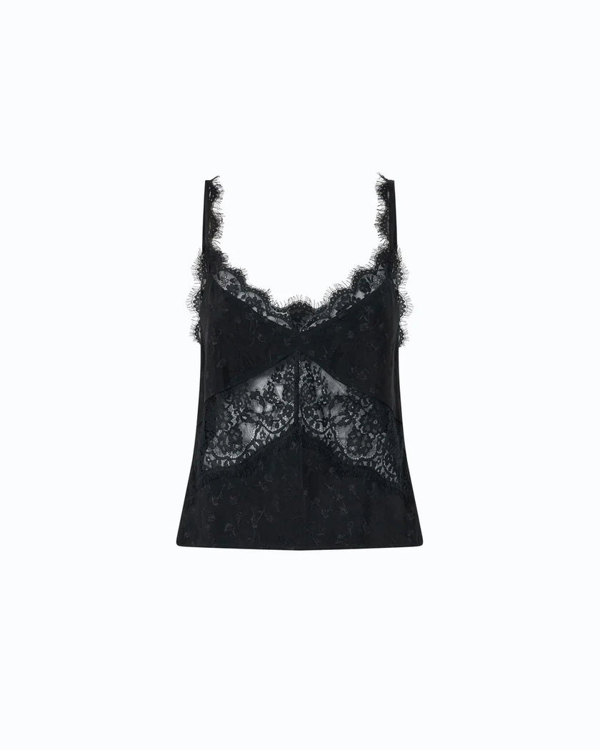 A black lace camisole top with delicate floral lace detailing and ruffled trim, displayed against a solid white background.
Pinko Tiare Top Jacquard Crinkle Black. Available at Edit by Eaine Turner in Houston, TX. Front View. 