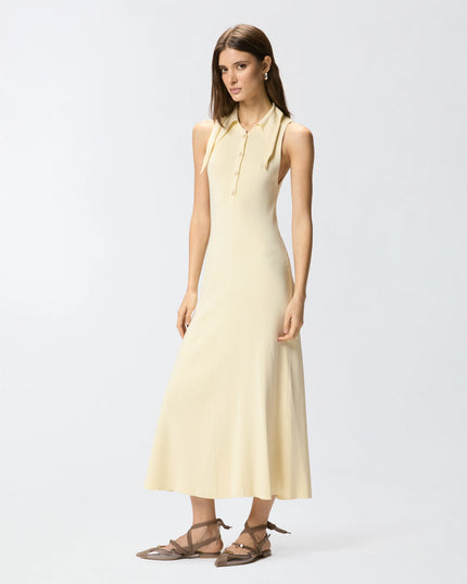 PINKO- Ribbed Beige Sleeveless and Fitted Midi Dress