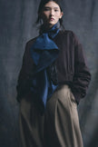 Psophia- Fluid Victorian Sleeve Blouse with bow detail and central ruffle - Night Color. Available at Edit by Elaine Turner in Houston, TX. Full Model View. 