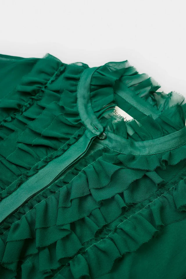 Psophia -- long georgette silk dress in emerald. Available at Edit by Elaine Turner in Houston, TX. Close Up View. 