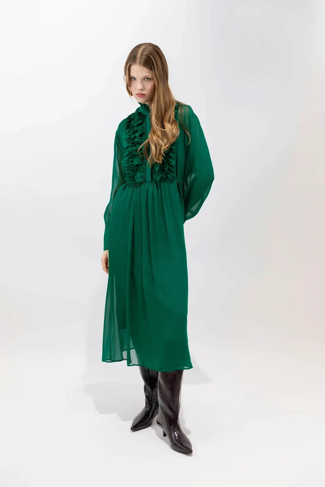 Psophia -- long georgette silk dress in emerald. Available at Edit by Elaine Turner in Houston, TX. Full Model View. 