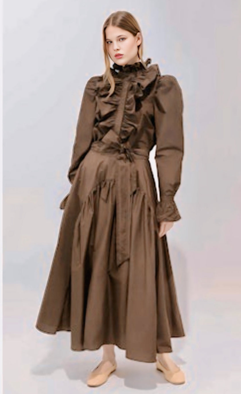 Psophia Mai Taffeta Skirt in Truffle. Available at Edit by Elaine Turner in Houton, TX. Full front model view. 