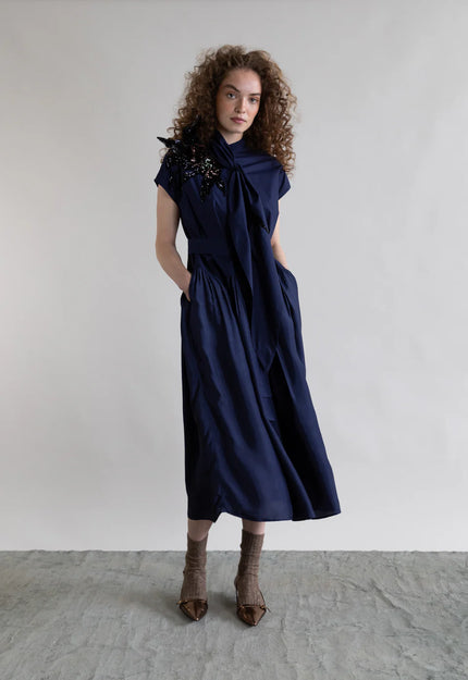 Navy Poplin Embellished Midi Dress