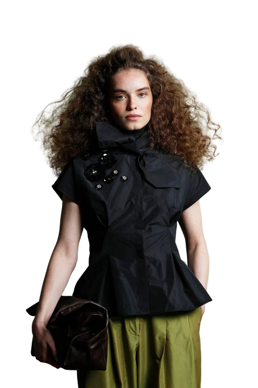 Cropped Fitted Shirt with Ring Collar & Sequin Floral Detail