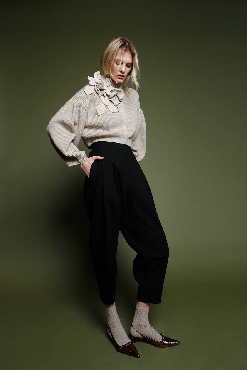 Funnel Neck Cardigan with Bishop Sleeves and Knit Floral Detail