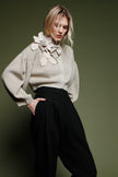 Funnel Neck Cardigan with Bishop Sleeves and Knit Floral Detail