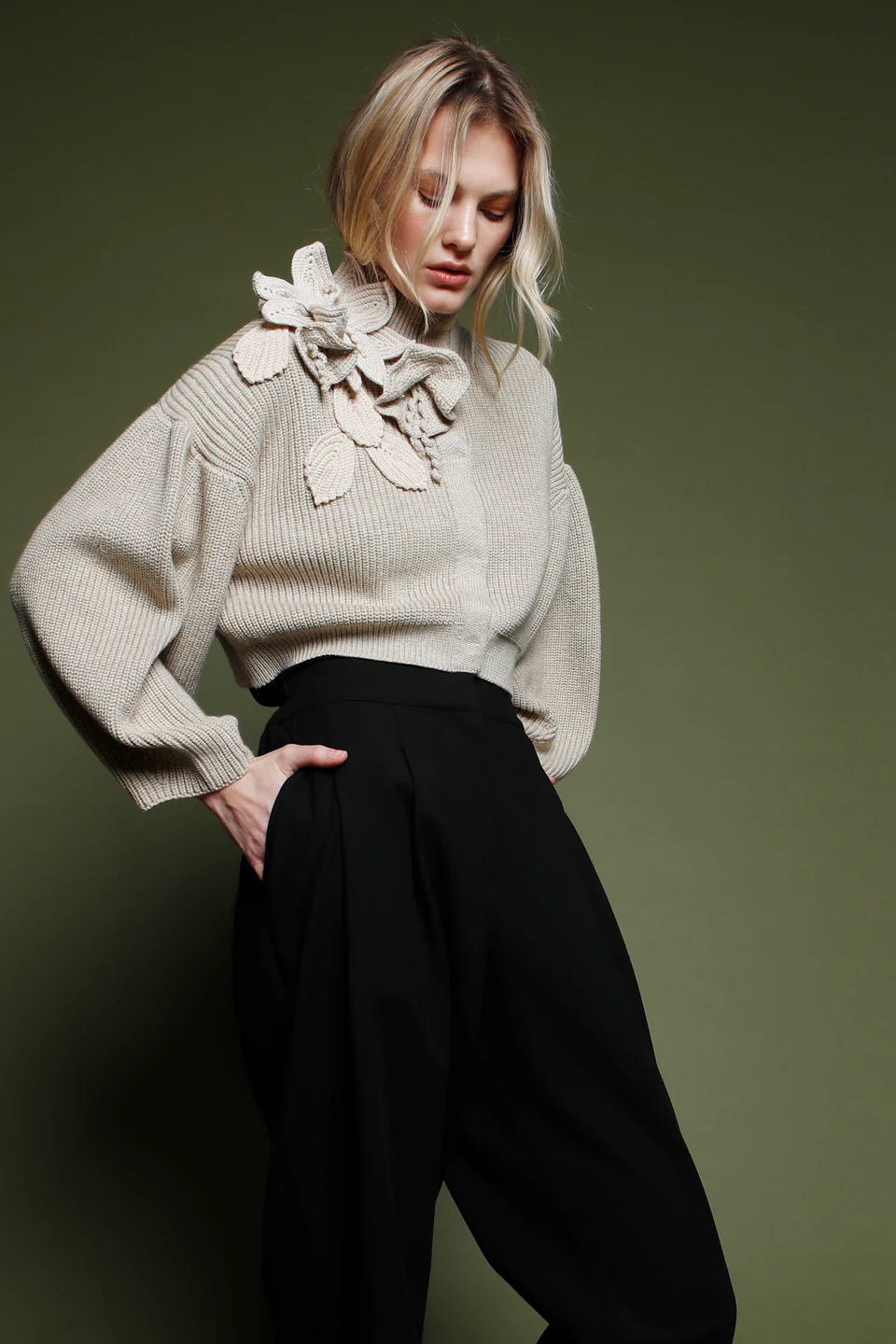 Funnel Neck Cardigan with Bishop Sleeves and Knit Floral Detail