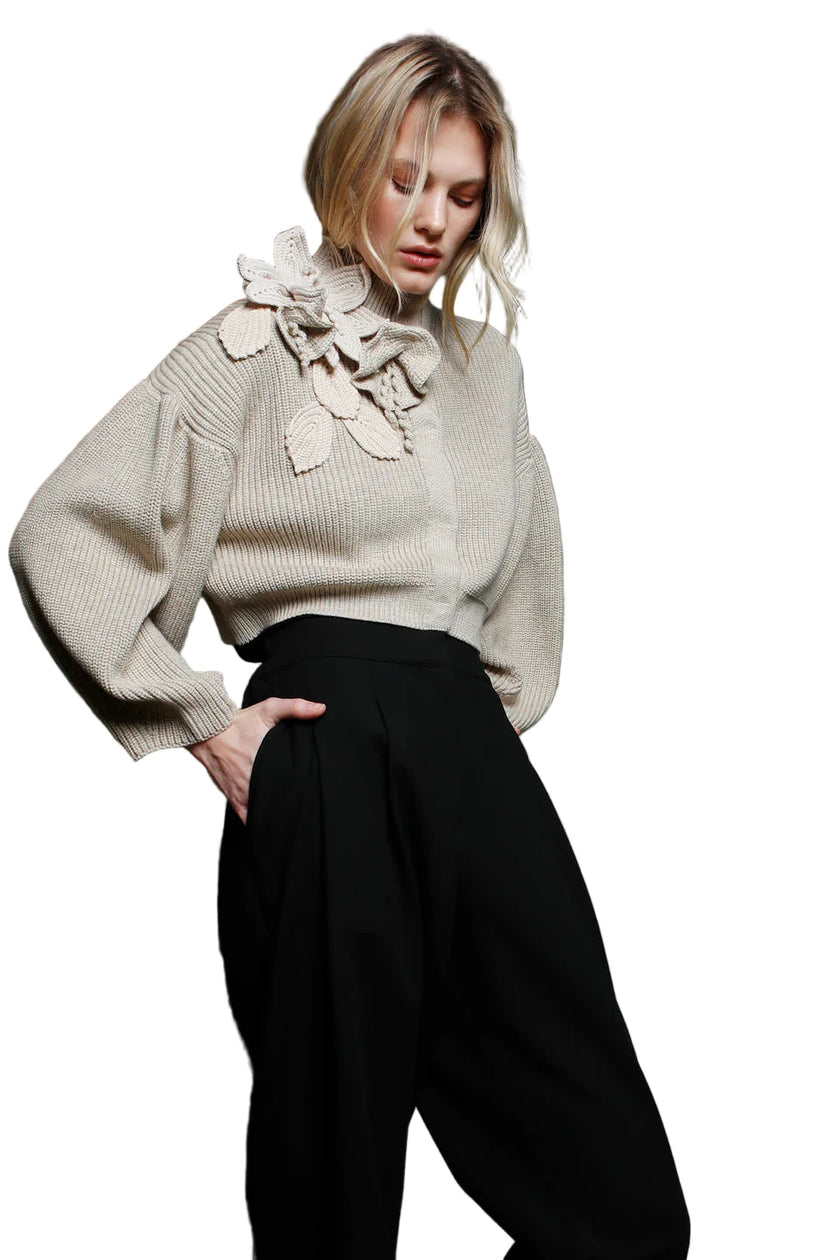 Funnel Neck Cardigan with Bishop Sleeves and Knit Floral Detail