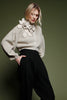 Funnel Neck Cardigan with Bishop Sleeves and Knit Floral Detail
