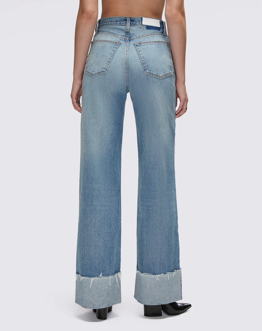 High Rise Wide Leg Cuff Denim Jeans- Vintage Biker Blue
