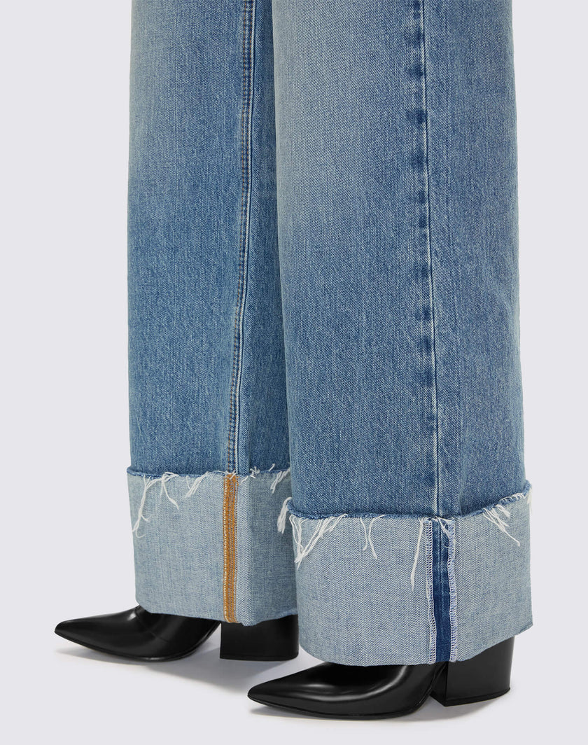High Rise Wide Leg Cuff Denim Jeans- Vintage Biker Blue