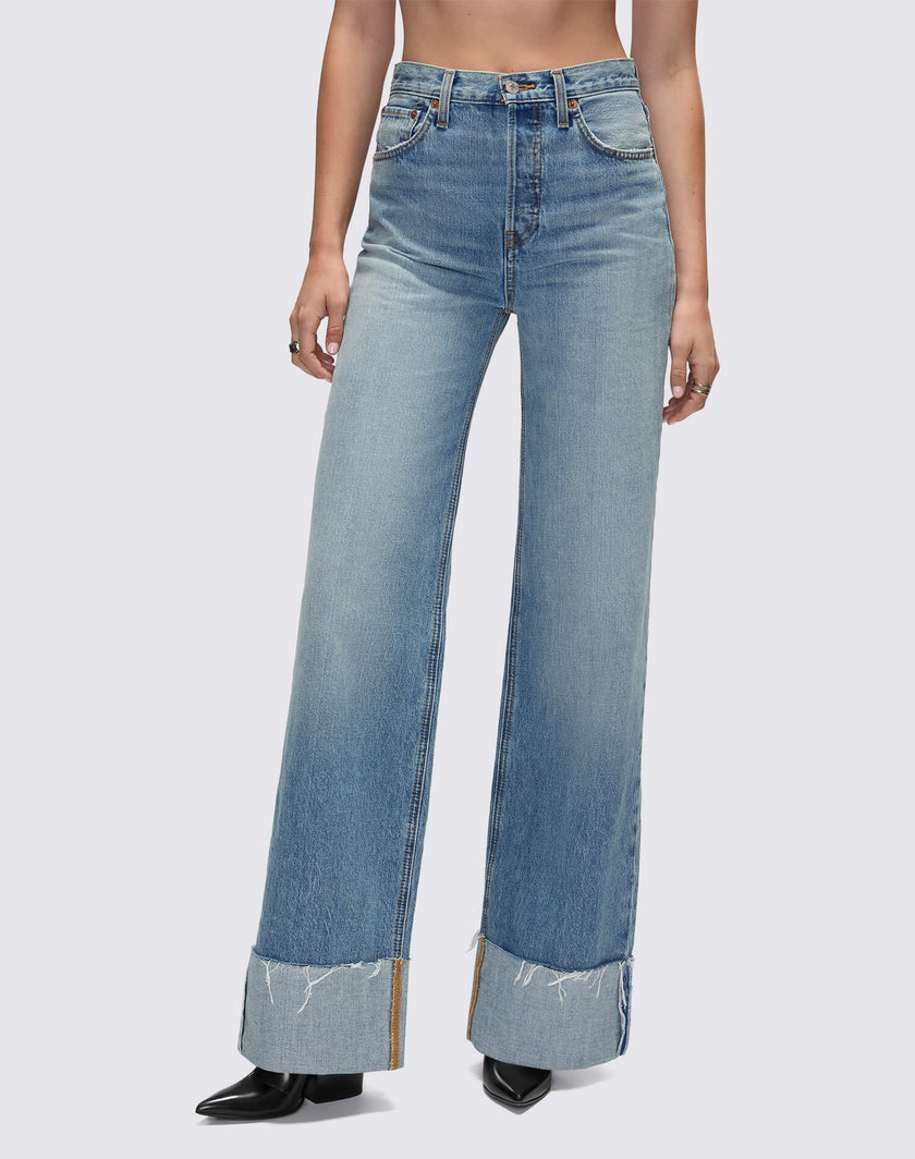 High Rise Wide Leg Cuff Denim Jeans- Vintage Biker Blue
