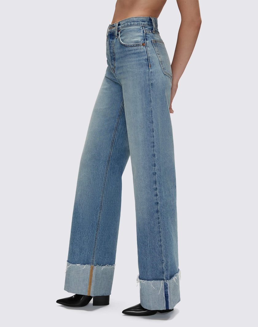 High Rise Wide Leg Cuff Denim Jeans- Vintage Biker Blue