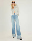 High Rise Wide Leg Cuff Denim Jeans- Vintage Biker Blue
