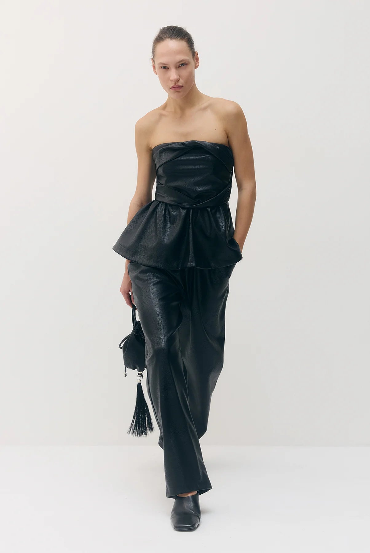 Sabina Musayev Archie Top in black. Available at Edit by Elaine Turner in Houston, TX. Front Model View. 