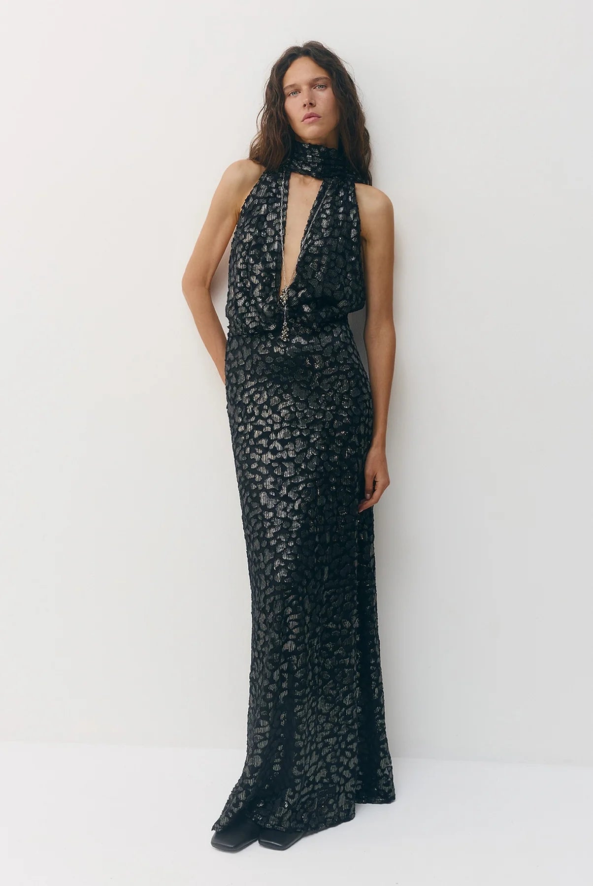 Sabina Musayev- Marie Dress in Midnight Silver. Available at Edit by Elaine Turner in Houston, TX. Front model view. 