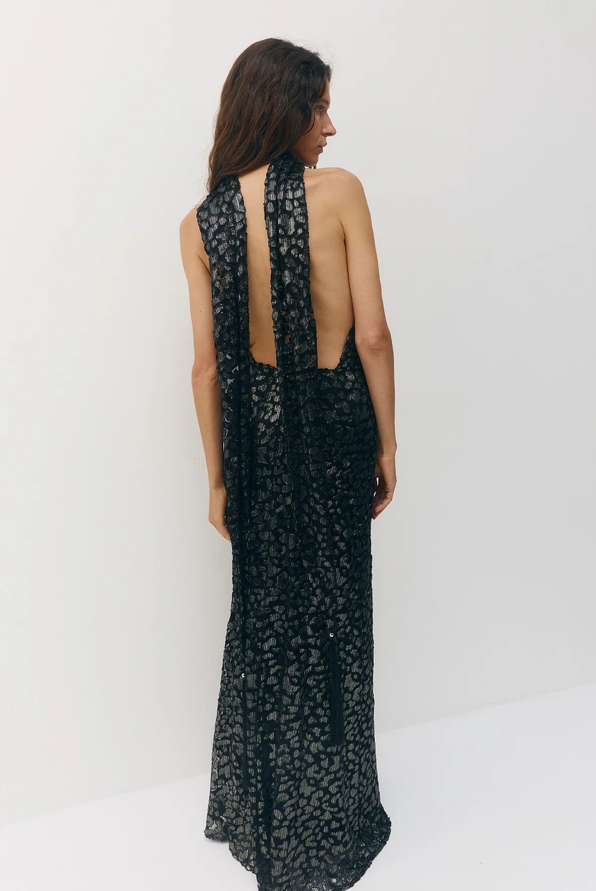 Sabina Musayev- Marie Dress in Midnight Silver. Available at Edit by Elaine Turner in Houston, TX. Back model view. 