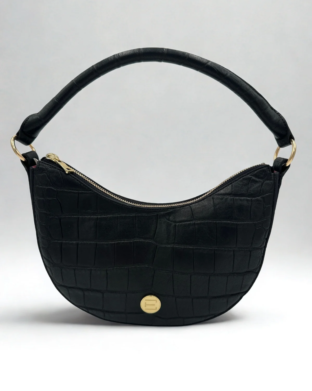 Elaine Turner Sawyer Crescent Shoulder Handbag in Black Embossed Leather croc with gold zipper and classic ET gold logo plate. 