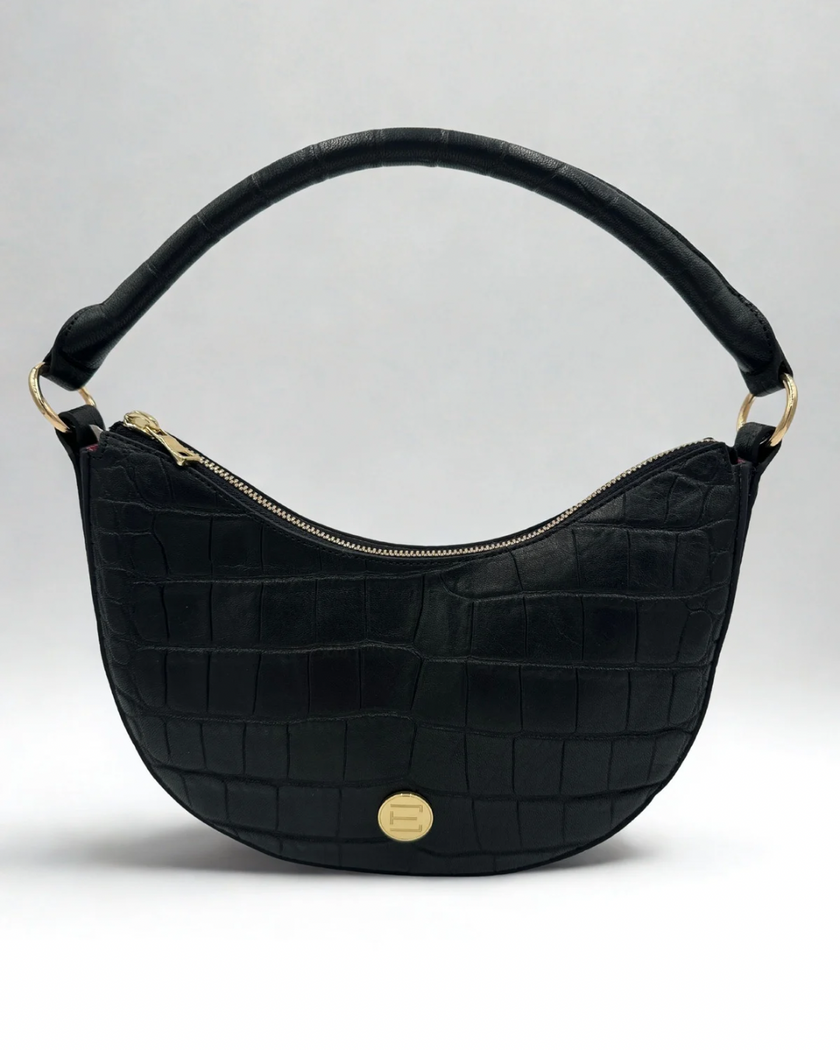 Elaine Turner Sawyer Crescent Shoulder Handbag in Black Embossed Leather croc with gold zipper and classic ET gold logo plate. 