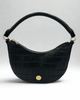 Elaine Turner Sawyer Crescent Shoulder Handbag in Black Embossed Leather croc with gold zipper and classic ET gold logo plate. 